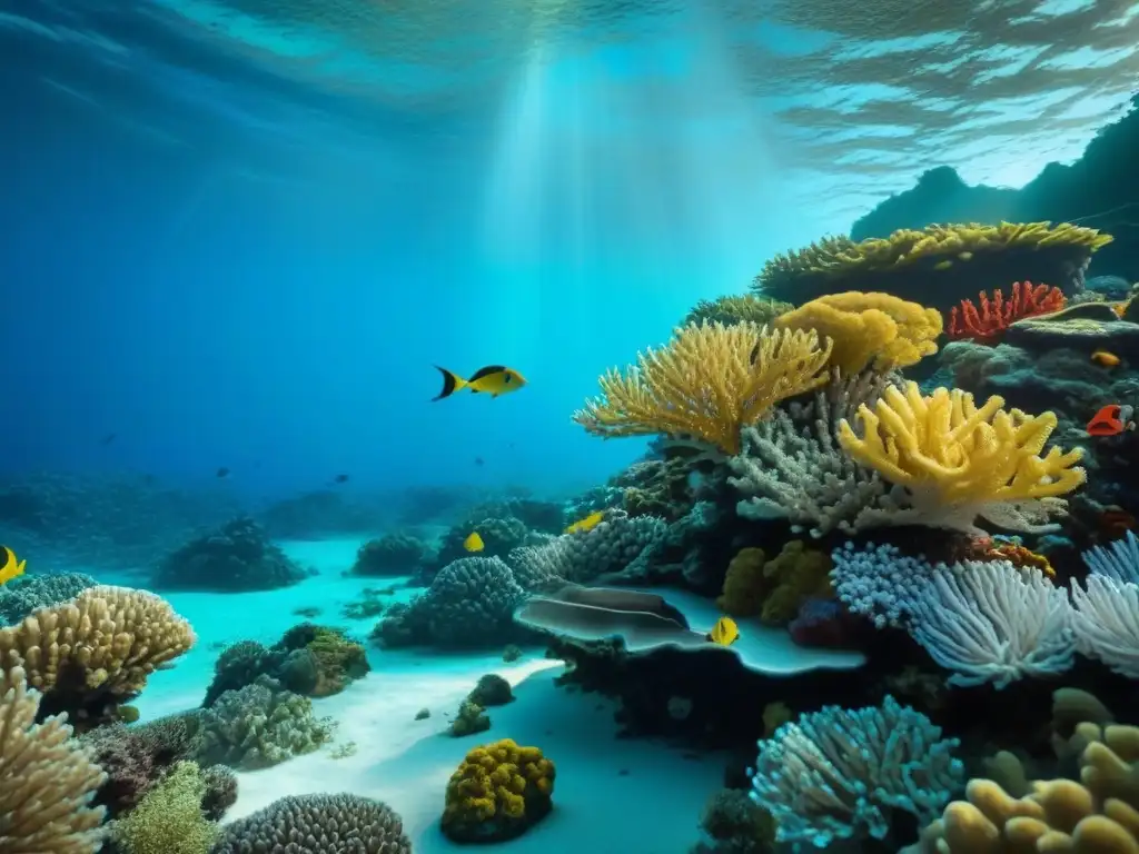 Un impresionante dibujo minimalista de un sereno escenario submarino con un vibrante arrecife de coral lleno de peces coloridos y vida marina