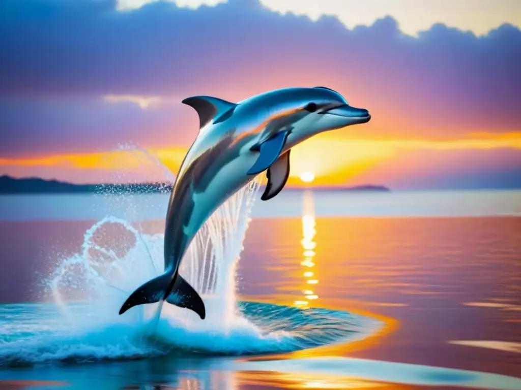 Un impresionante robot delfín salta elegante en un atardecer vibrante en un espectáculo marino
