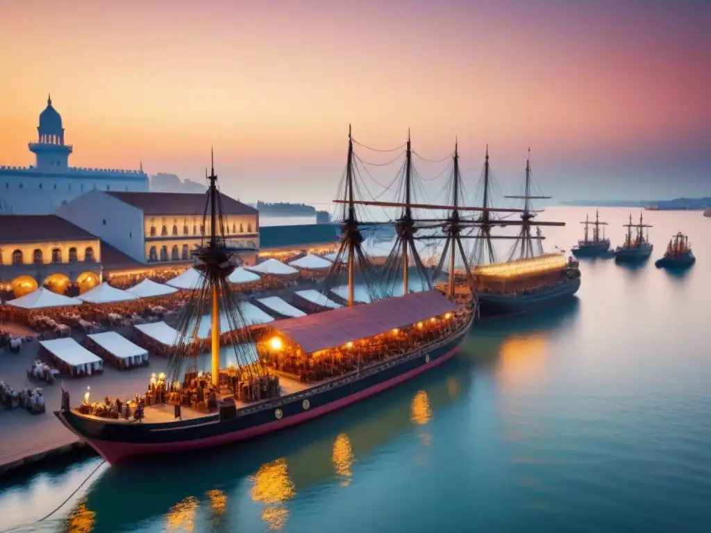 Impresionante escena en un puerto antiguo, con barcos y mercaderes en un atardecer tranquilo