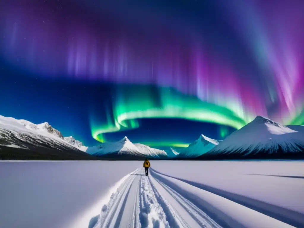 Un impresionante espectáculo de auroras boreales verdes y moradas iluminando el cielo estrellado sobre un paisaje polar nevado