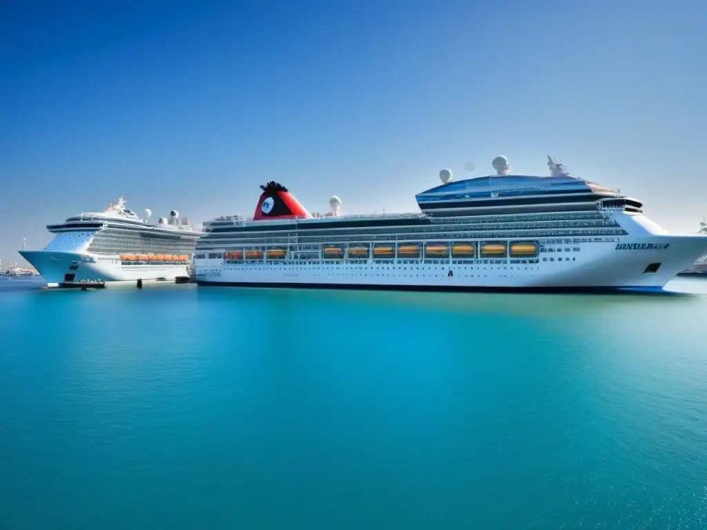 Impresionante fila de gigantes cruceros en un puerto bullicioso, bajo un cielo azul sin nubes