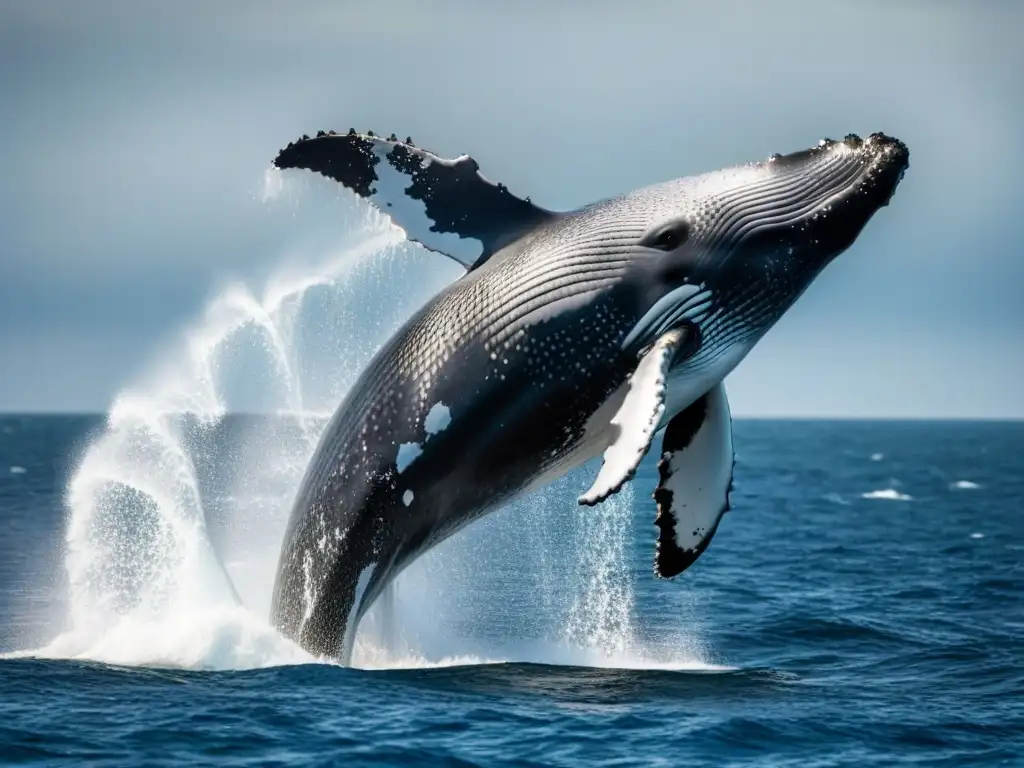 Impresionante imagen de una ballena jorobada emergiendo del océano, fotografiando fauna marina en su hábitat con gran detalle