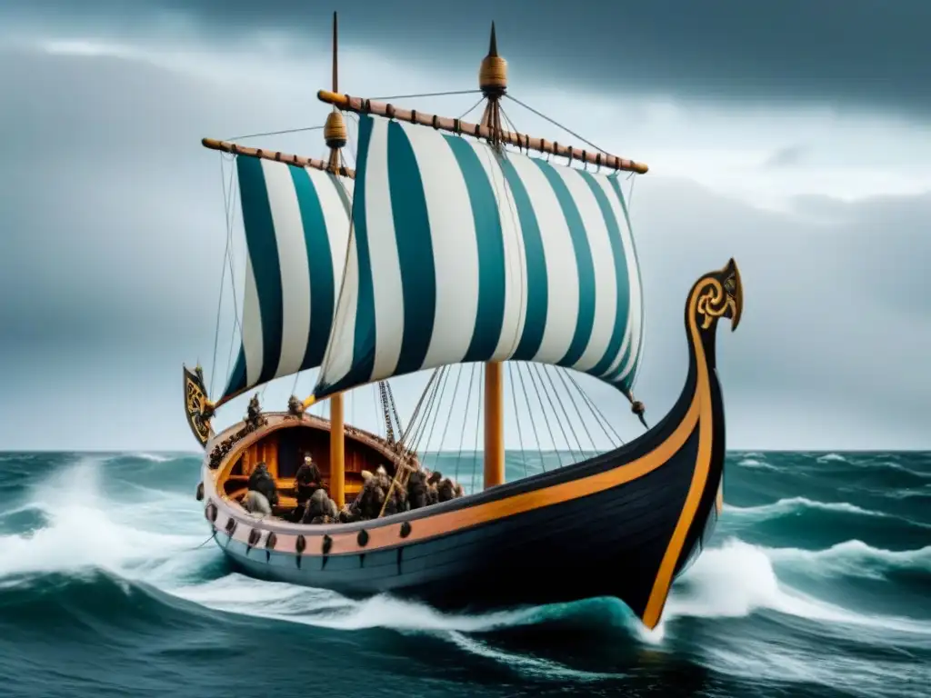 Impresionante imagen de un barco vikingo navegando en un mar tormentoso