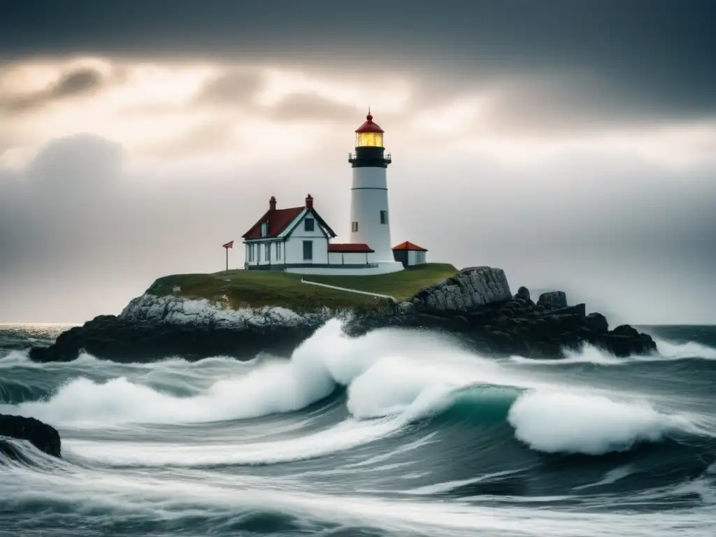 Impresionante ilustración minimalista en blanco y negro de un faro histórico destacando contra un cielo dramático, con detalles arquitectónicos y olas del océano, Faros del Patrimonio Marítimo Mundial