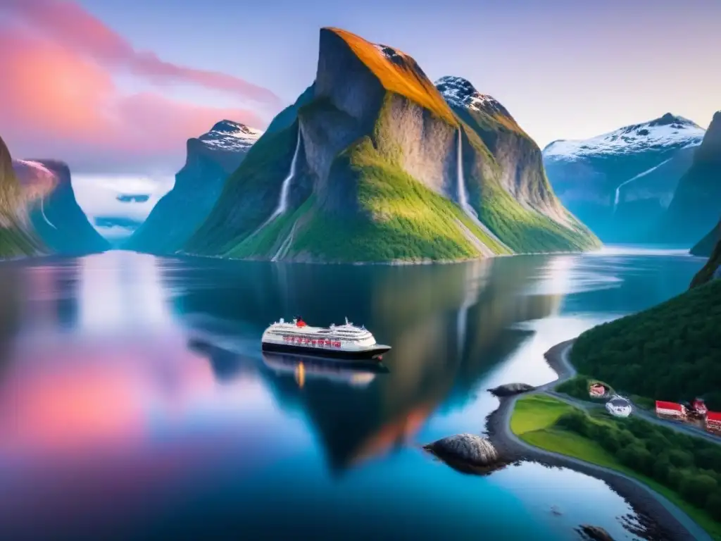 Impresionante paisaje de los fiordos noruegos al atardecer, con un barco de crucero navegando, reflejando los colores del cielo en el mar tranquilo