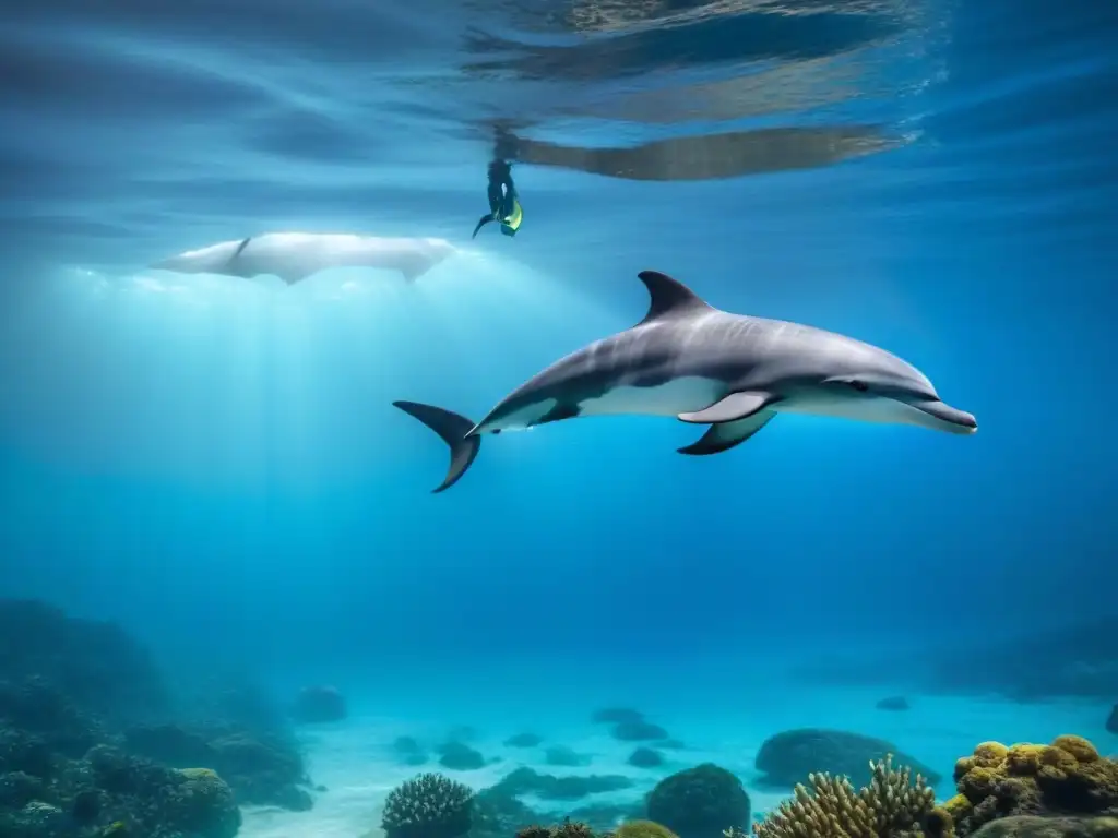 Un impresionante paisaje submarino nocturno con vida marina bioluminiscente y delfines nadando