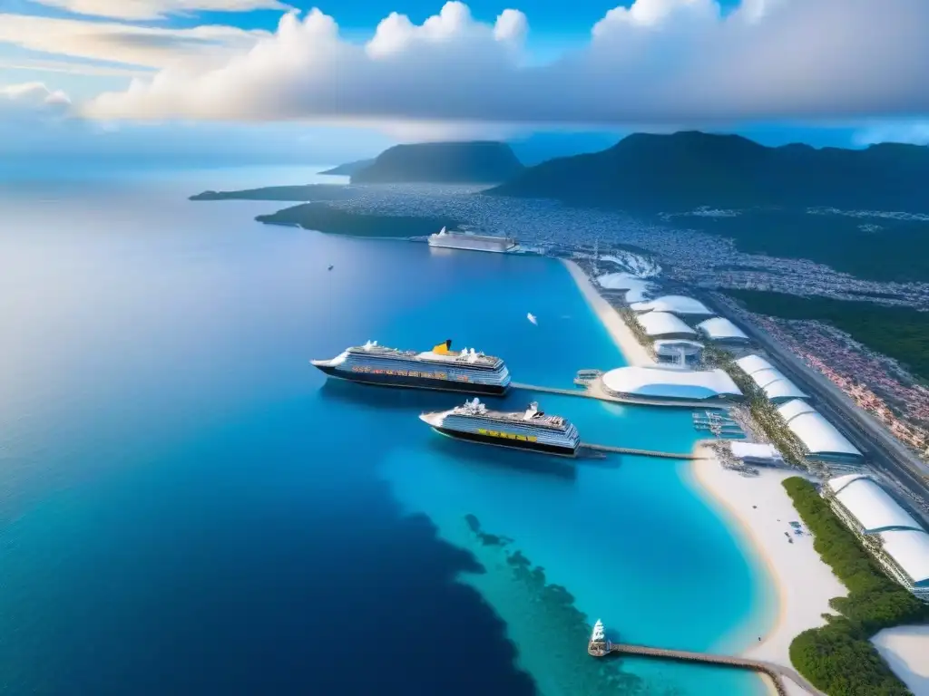 Un impresionante puerto de cruceros con barcos y paisaje costero, ideal para inversiones en propiedades de cruceros turismo marítimo