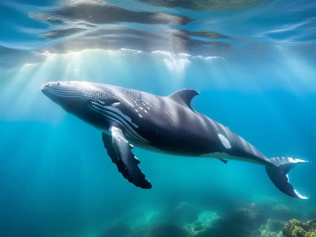 Un impresionante snorkel con ballenas experiencia bajo el mar: un majestuoso rorcual nadando grácilmente en aguas turquesa cristalinas