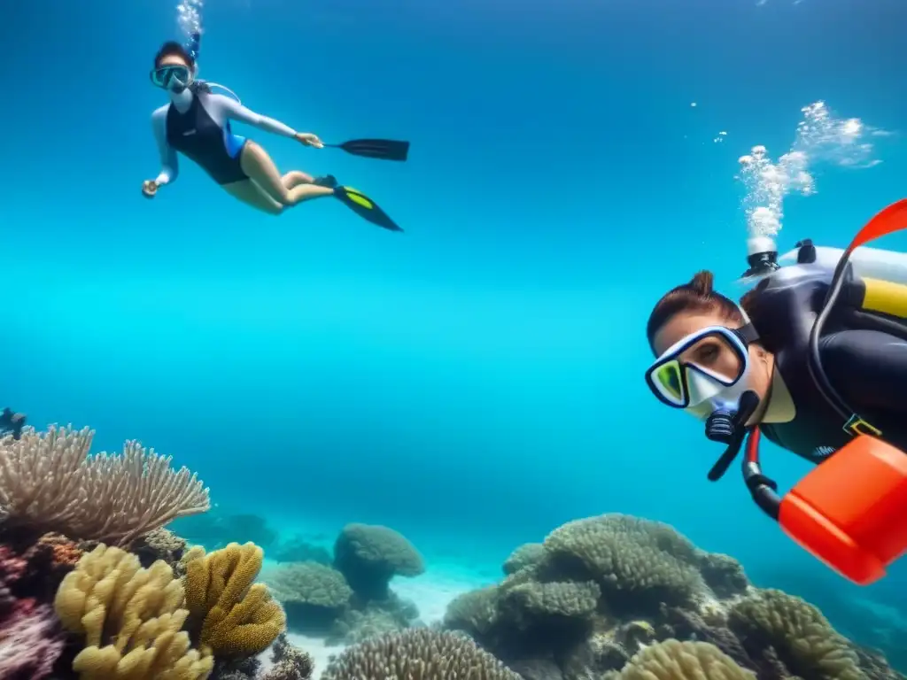 Increíble imagen de turistas en snorkel explorando arrecifes de coral coloridos en aguas turquesas