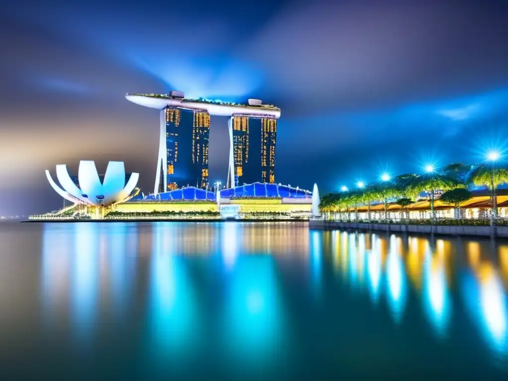 Anochecer en Marina Bay Sands, lujo Singapur inesperado con torres, piscina infinita y luces de la ciudad reflejadas en el agua