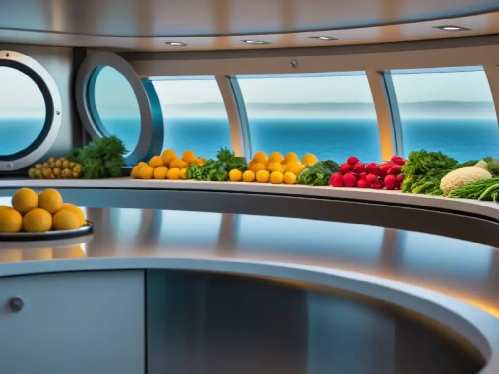 Ingredientes frescos en una cocina de crucero: frutas, verduras y hierbas vibrantes sobre una encimera de acero inoxidable