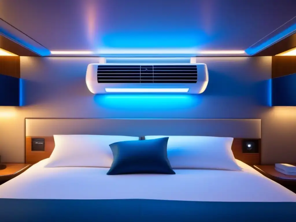 Innovaciones en aire acondicionado para cruceros: unidad elegante y futurista en blanco con luces LED azules