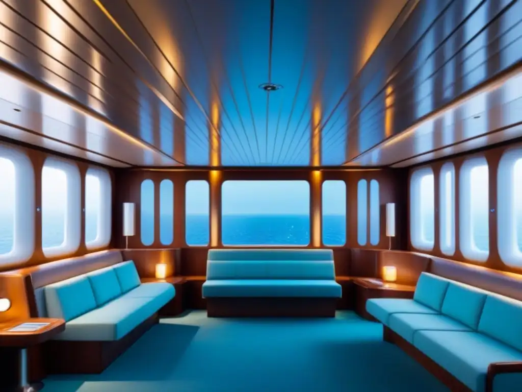 Innovaciones en filtración de aire en crucero de lujo, con tecnología avanzada y diseño elegante resaltado por iluminación ambiental suave