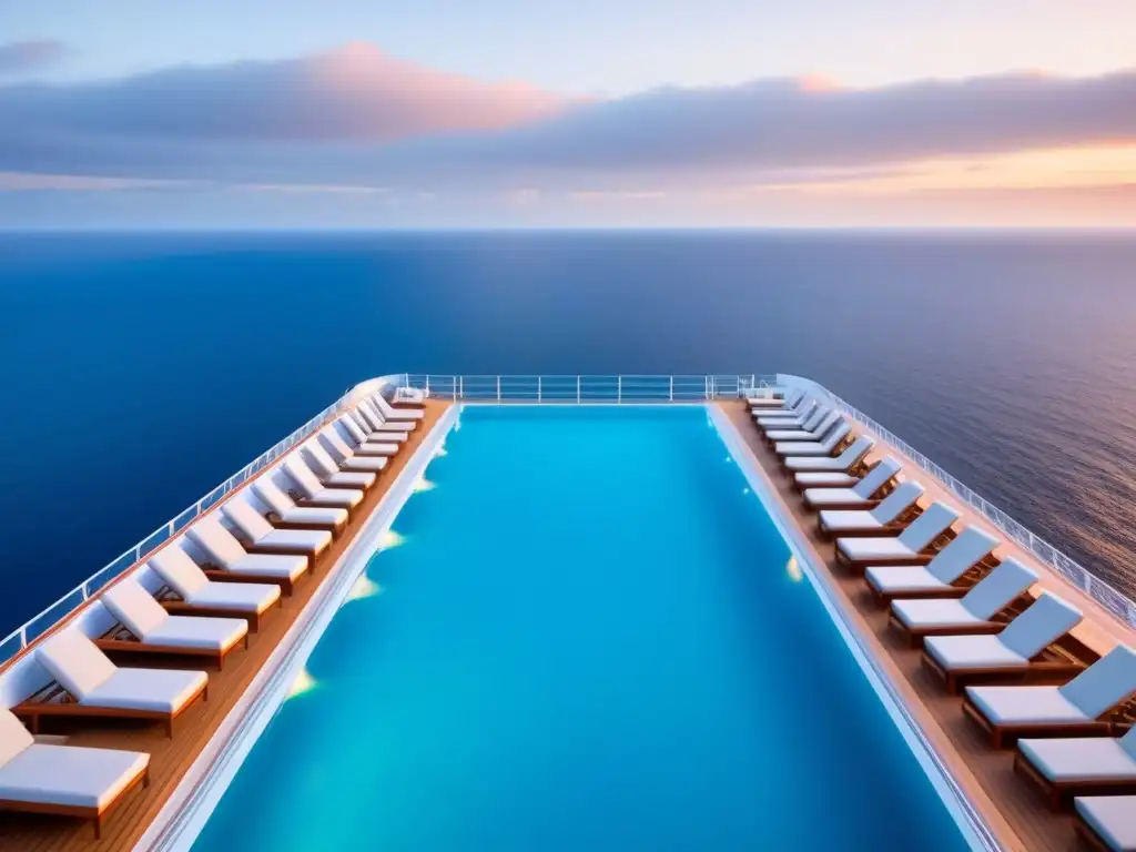 Innovaciones cruceros vacaciones alta mar: Infinity pool futurista en crucero al atardecer, reflejando la luz cálida del sol