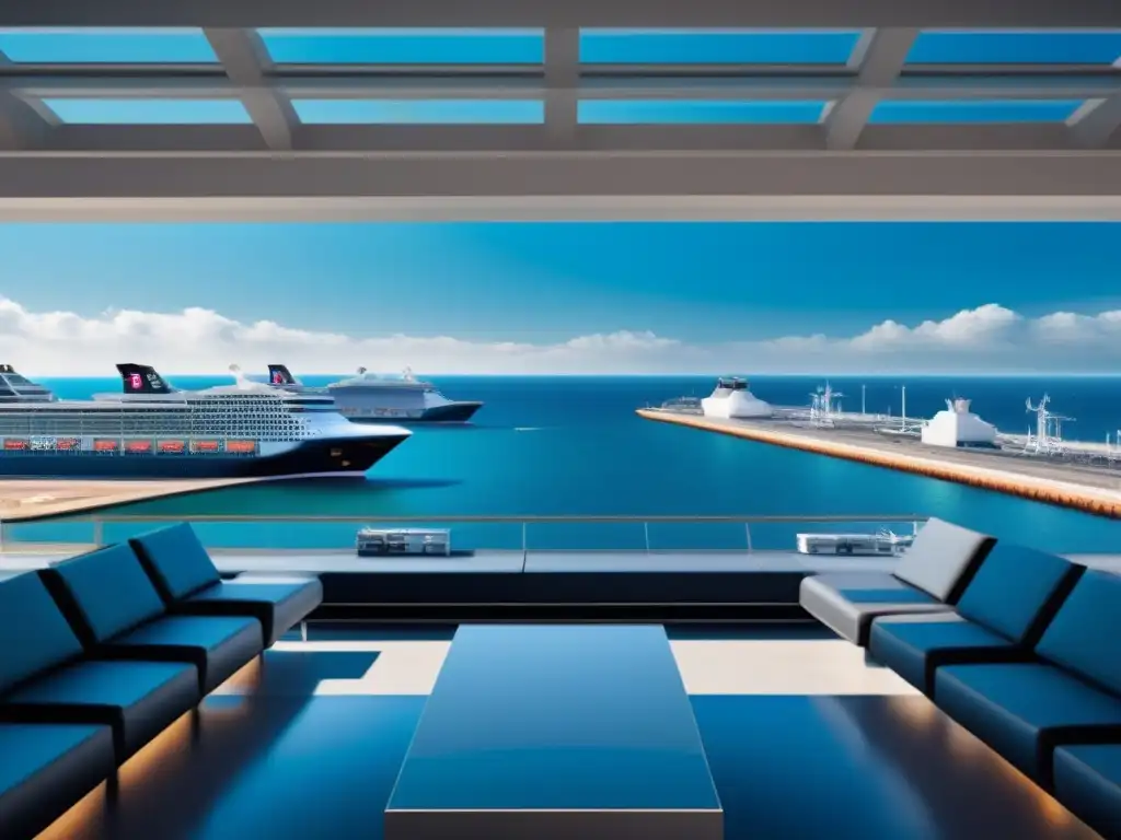 Innovaciones tecnológicas en puertos de cruceros: Terminal minimalista futurista con diseño arquitectónico elegante y ventanales panorámicos