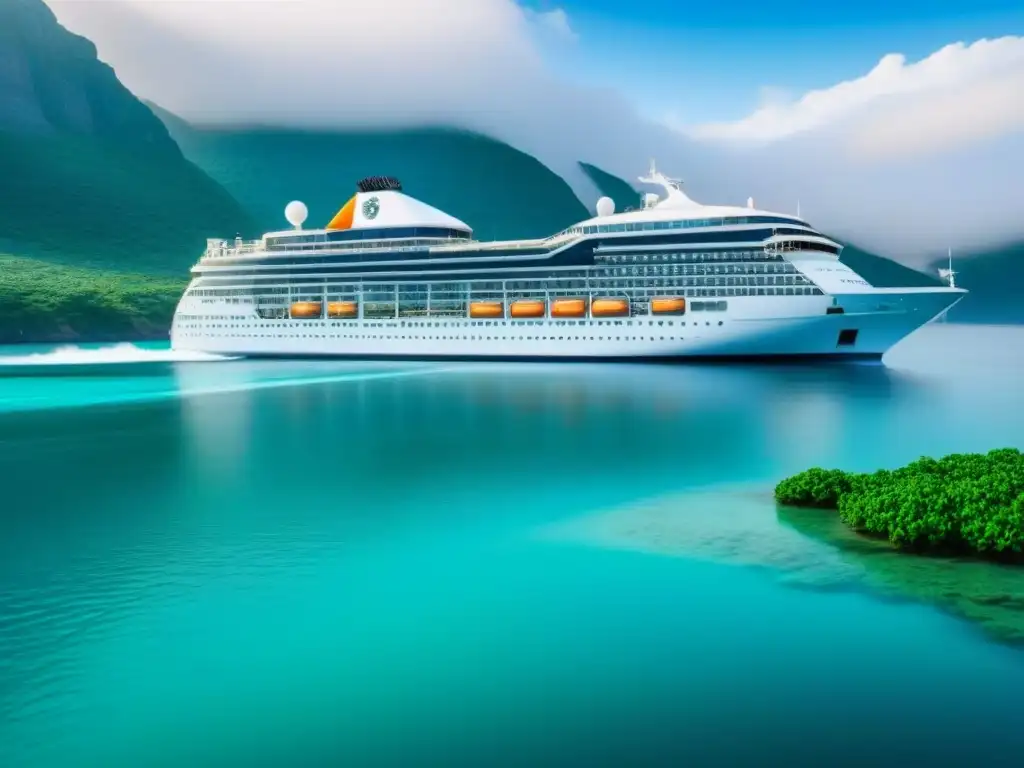 Innovaciones verdes en cruceros marítimos: un elegante barco surcando aguas cristalinas, rodeado de vida marina y vegetación exuberante