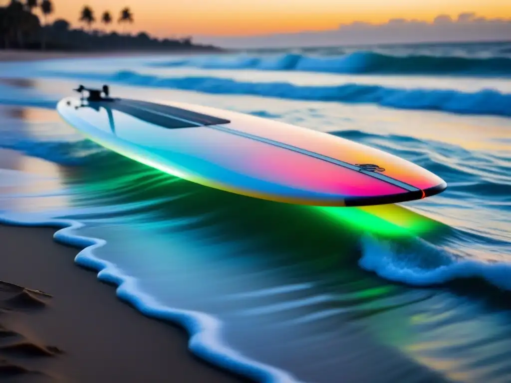 Un innovador diseño de tabla de surf futurista con tecnología LED, flotando sobre una ola cristalina al atardecer