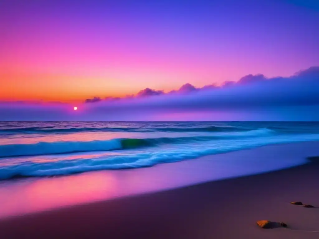 Un inolvidable atardecer marino en tonos vibrantes reflejados sobre el agua, ideal para exhibiciones fotográficas en cruceros