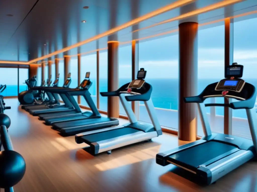 Instalaciones deportivas en cruceros: Gimnasio de lujo en barco con vista al mar, diseño moderno y elegante, bañado en luz natural