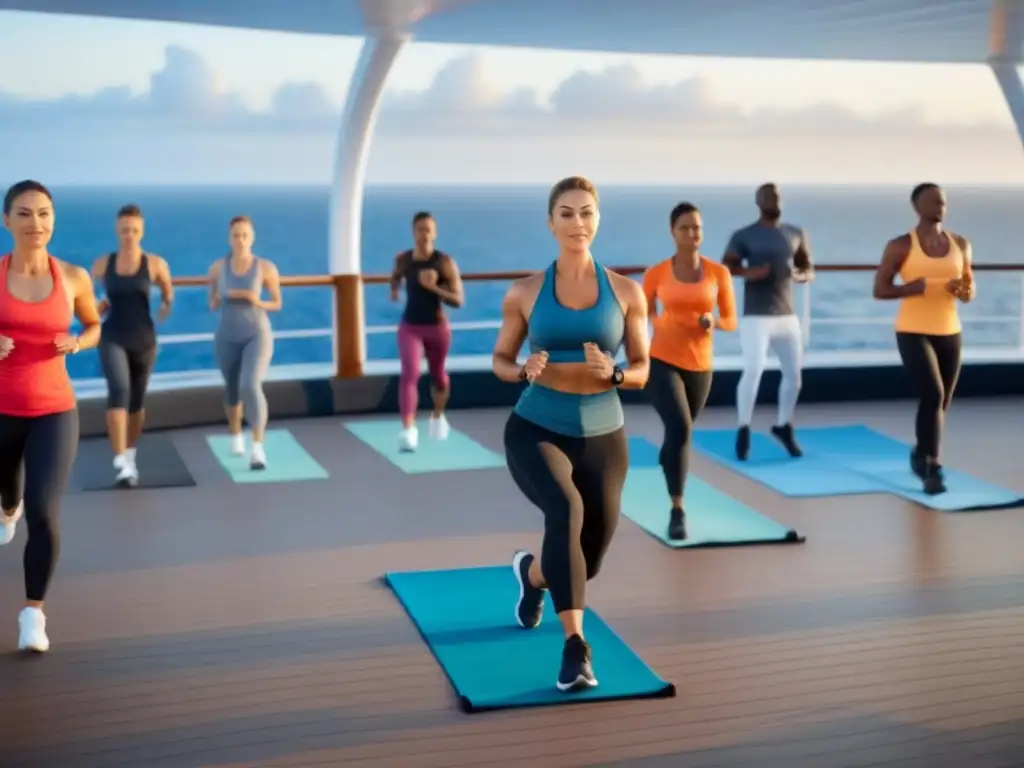 Un instructor fitness guía una clase al amanecer en un crucero, creando un ambiente sereno