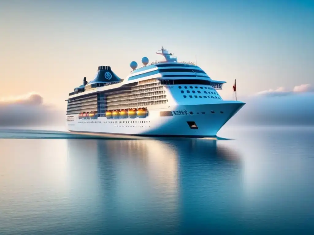 Gestión inteligente de cruceros mediante IA: Un crucero futurista navega en aguas cristalinas bajo un cielo despejado, con tecnología AI integrada