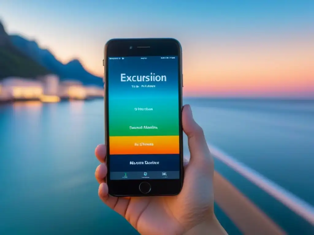 Una interfaz de app para reservar excursiones en crucero, con diseño minimalista y colores elegantes