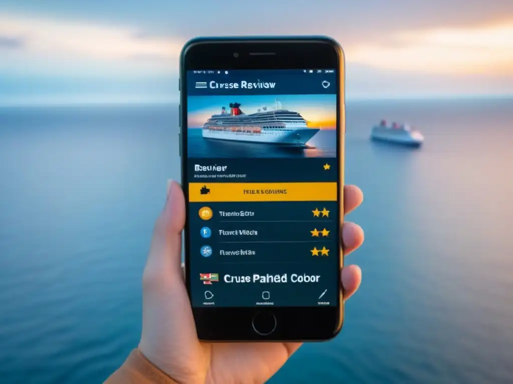 Una interfaz de app de reseñas de cruceros con calificación de cinco estrellas