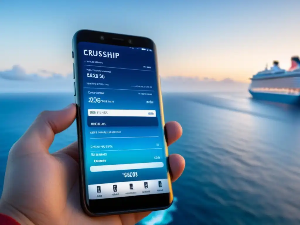 Check-in de crucero futurista en smartphone 'Interfaz de check-in online para cruceros en smartphone futurista sobre el mar sereno