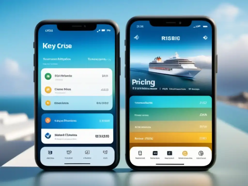 Una interfaz digital elegante y minimalista muestra comparativas de aplicaciones para reservar excursiones de crucero