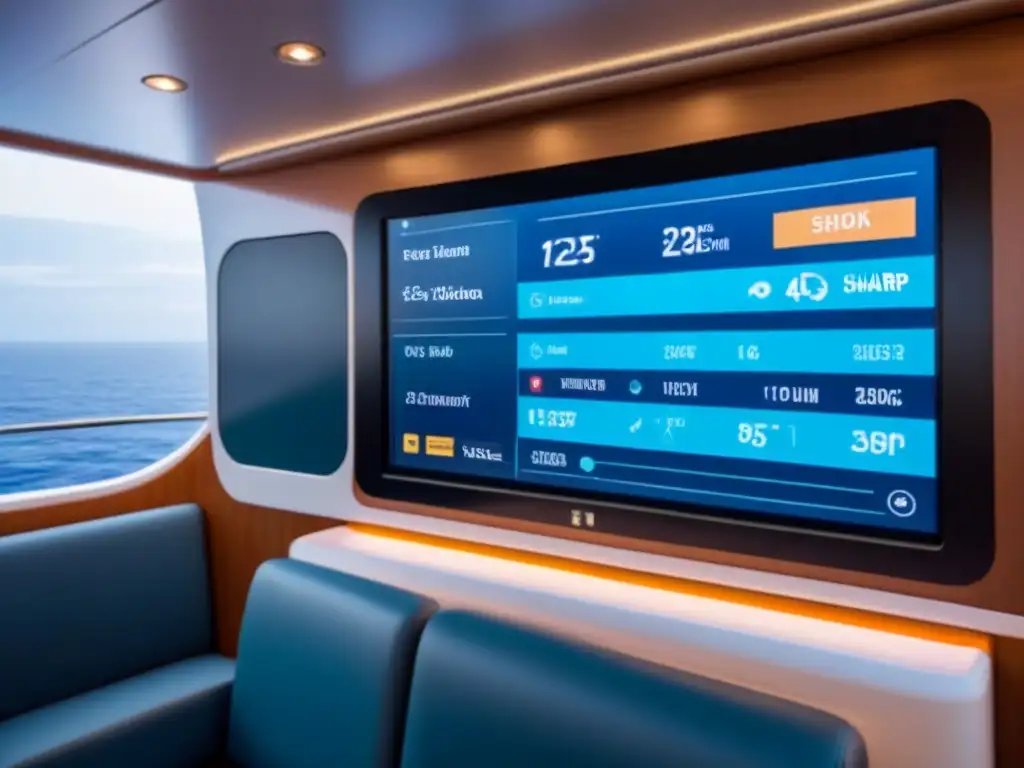 Una interfaz digital futurista en un crucero moderno, mostrando navegación en tiempo real y puntos de interés