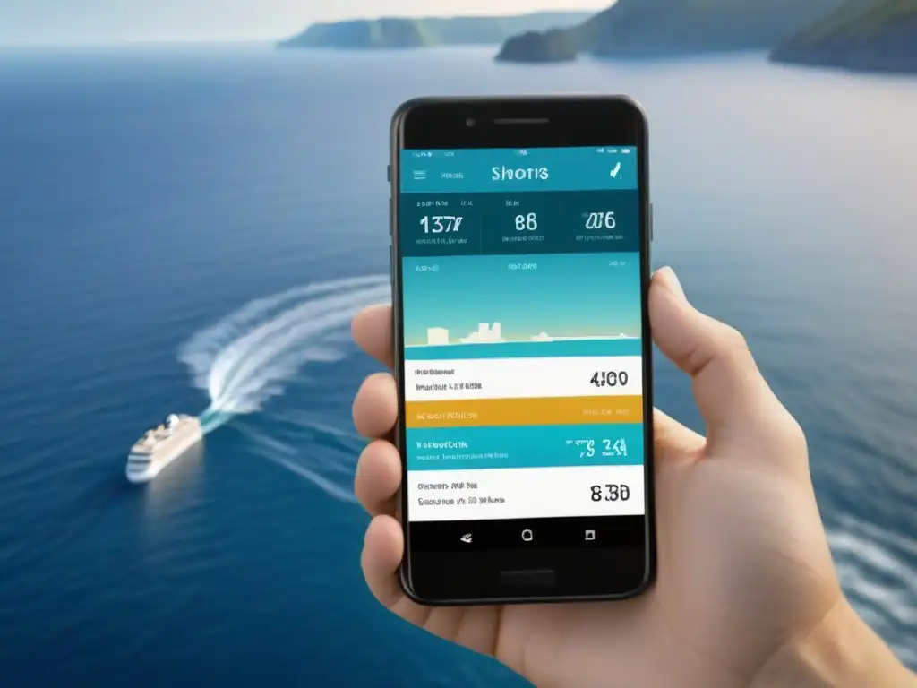 Interfaz elegante de app para planificar cruceros, con mapa, actividades y vista al mar