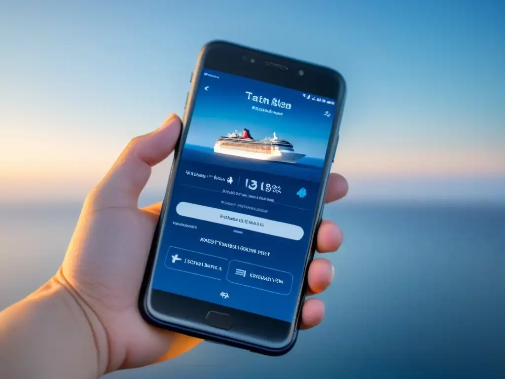 Interfaz elegante de app de reseñas de cruceros marítimos en smartphone, con tonos azules y plateados