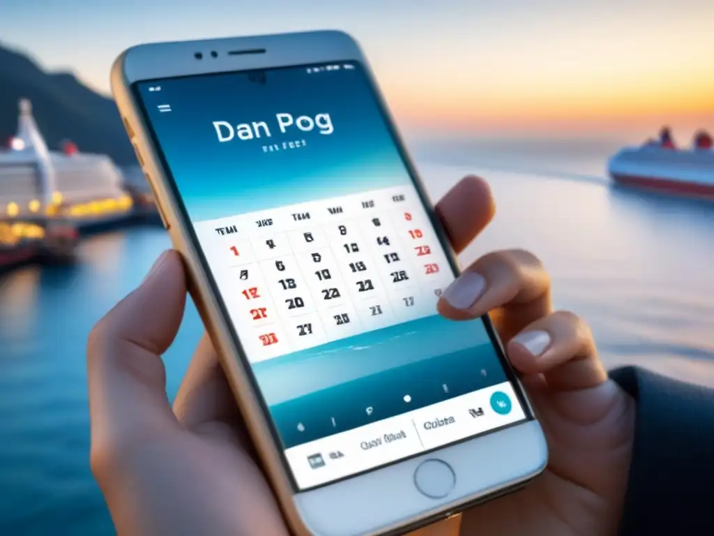 Interfaz minimalista de app para documentar cruceros en smartphone moderno, con icono de crucero y calendario