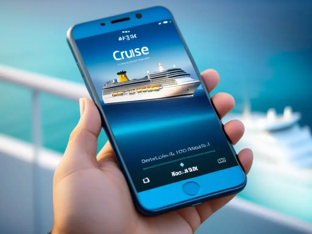 Interfaz moderna de app de crucero en móvil con colores vibrantes y fondo degradado azul marino