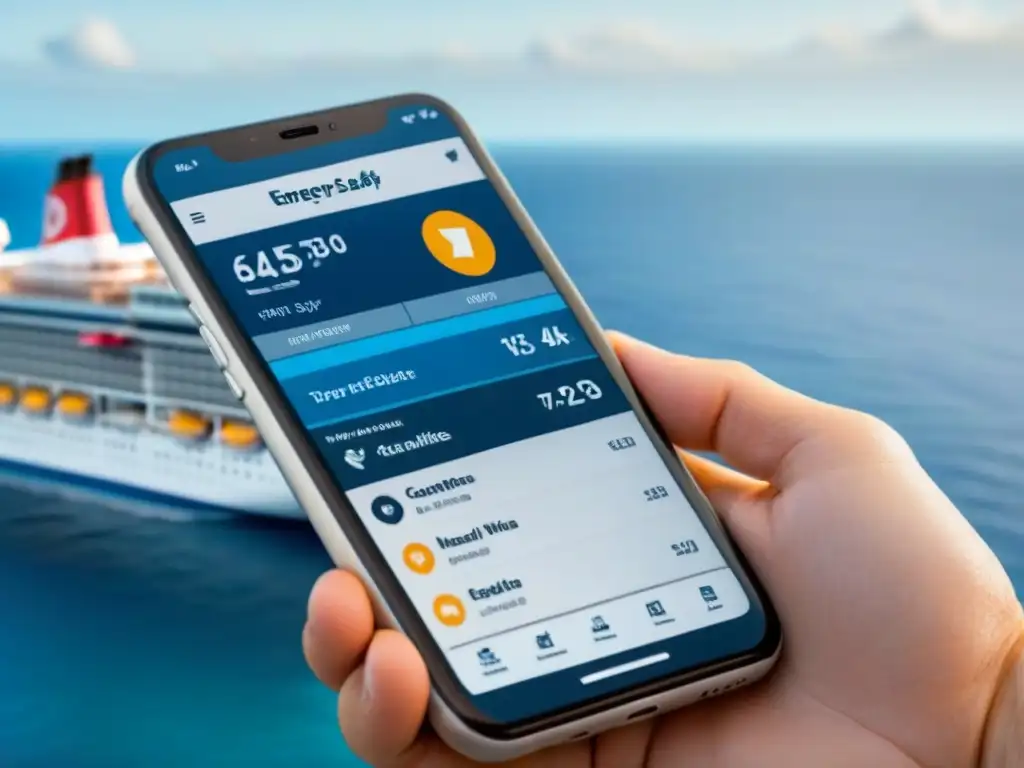 App de Crucero: Seguridad y Salud a bordo Interfaz moderna de aplicación para cruceros con enfoque en salud y seguridad, colores calmados