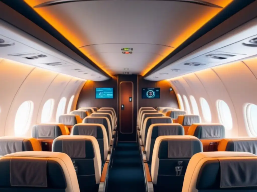 Un interior de cabina de avión moderno y elegante con diseño minimalista y elementos ecoamigables