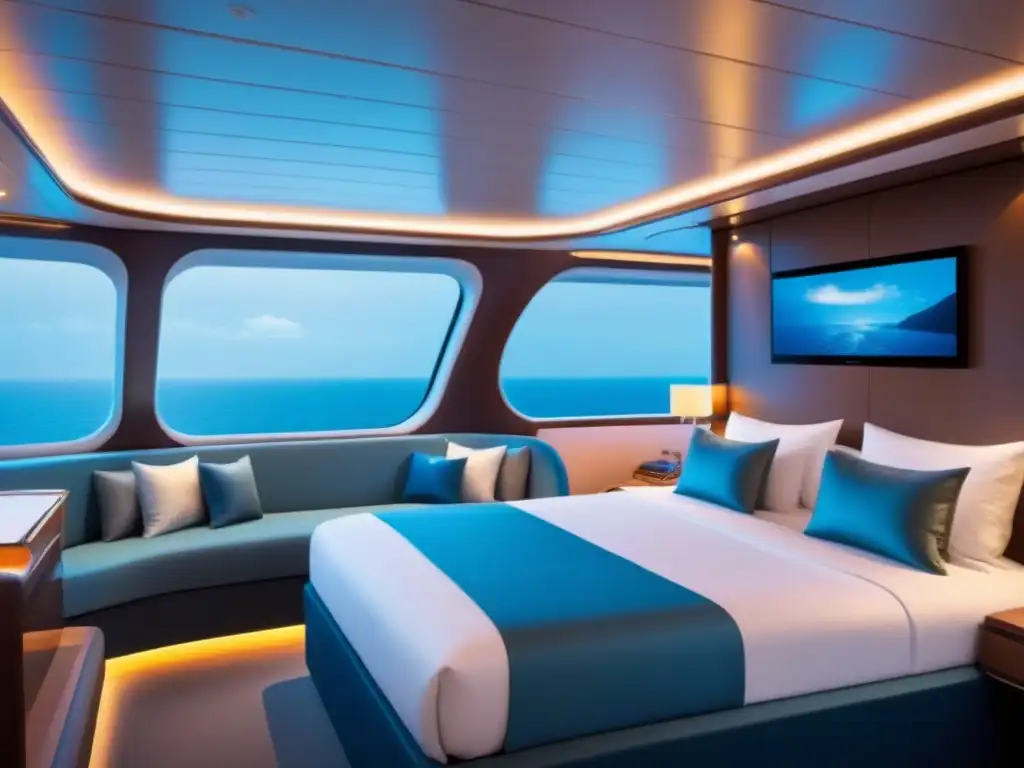 Interior de cabina de crucero premium con vista al mar al atardecer, tecnología punta y elegante decoración