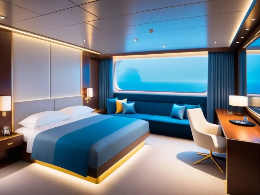 Interior de camarote de crucero moderno con tecnología punta y lujo, iluminación suave y balcón privado con vista al mar