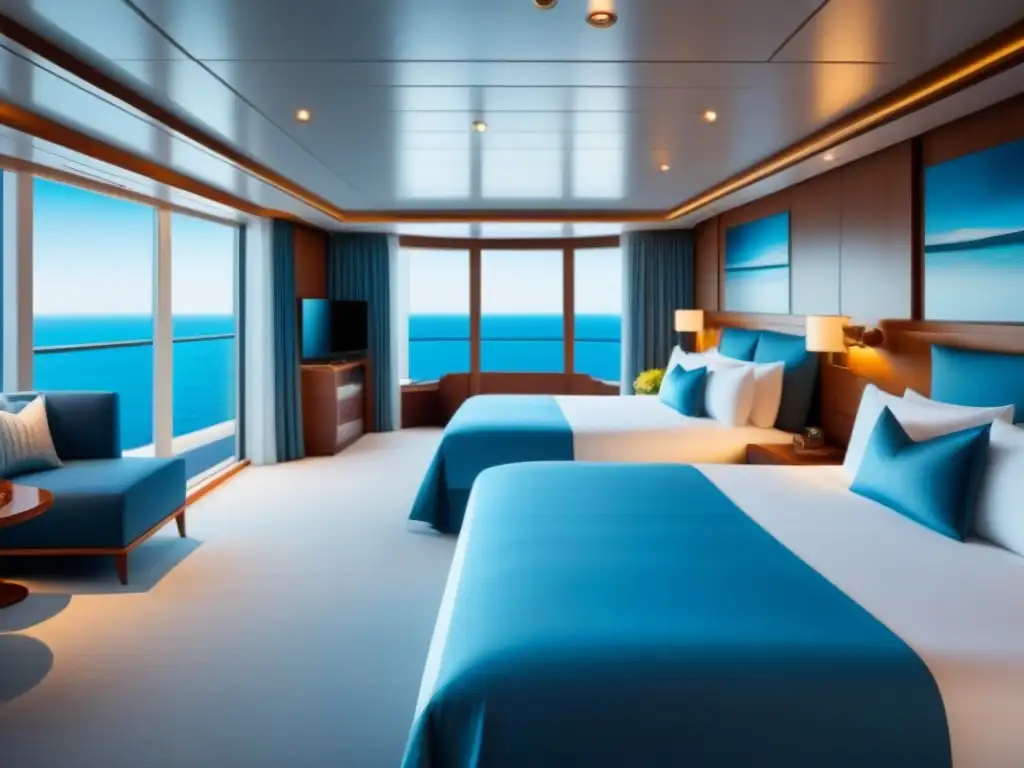 Diseño interior cruceros lujo: Suite de crucero lujosa y espaciosa con diseño moderno en tonos azules y blancos, iluminada por cálida luz solar