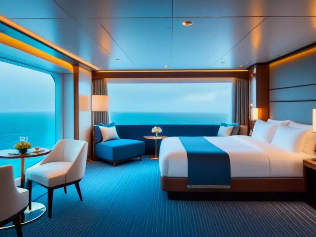 Diseño interior cruceros lujo: Cabina lujosa con cama king size, ventana al mar y arte contemporáneo en paredes