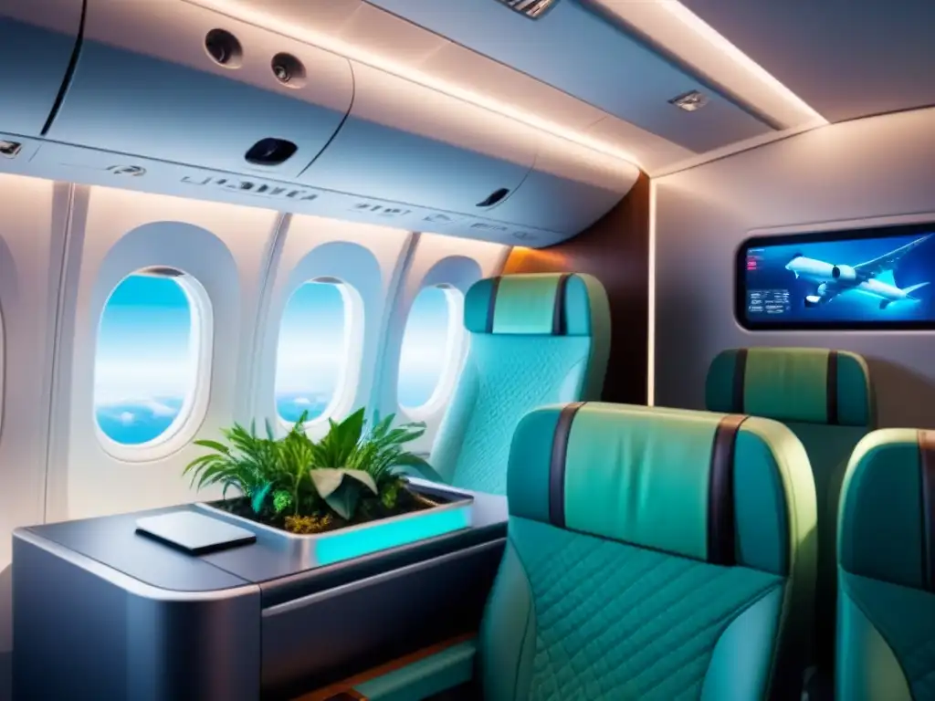 Interior ecológico de cabina de avión futurista con tecnología verde y entretenimiento a bordo