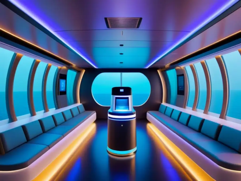 Interior futurista de crucero con innovaciones salud tecnología: robots UV, estaciones sin contacto y filtros de aire avanzados