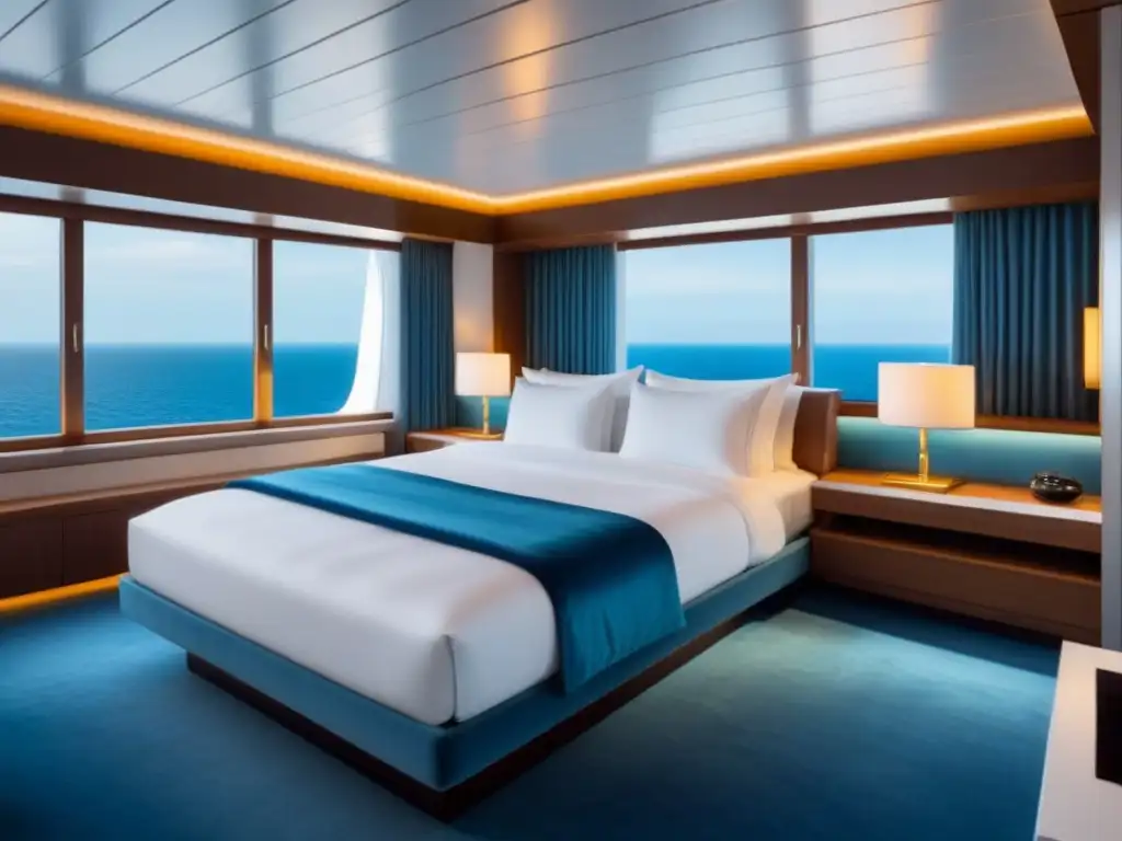 Interior de lujo en camarote de crucero con cama king size, decoración elegante y vistas al mar