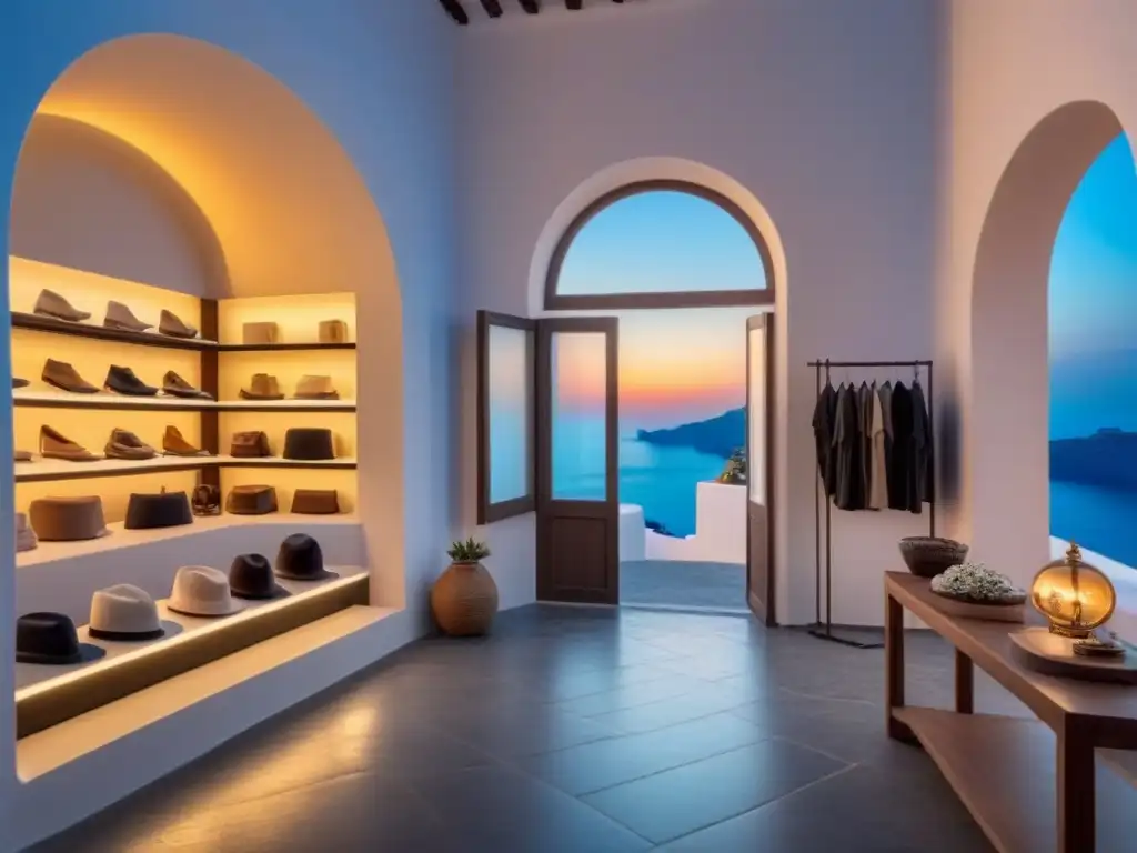 Interior lujoso de boutique en Santorini con muebles modernos, iluminación ambiental y moda exclusiva