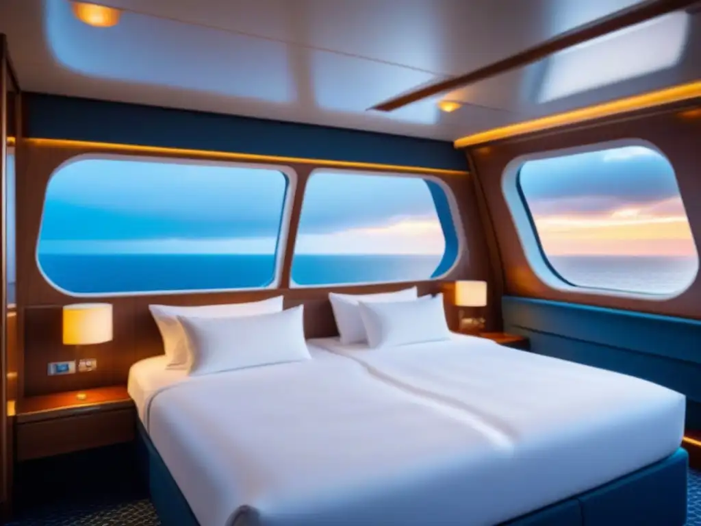 Interior lujoso de camarote en crucero con cama acogedora, decoración elegante y vista al mar, creando ambiente tranquilo y confortable