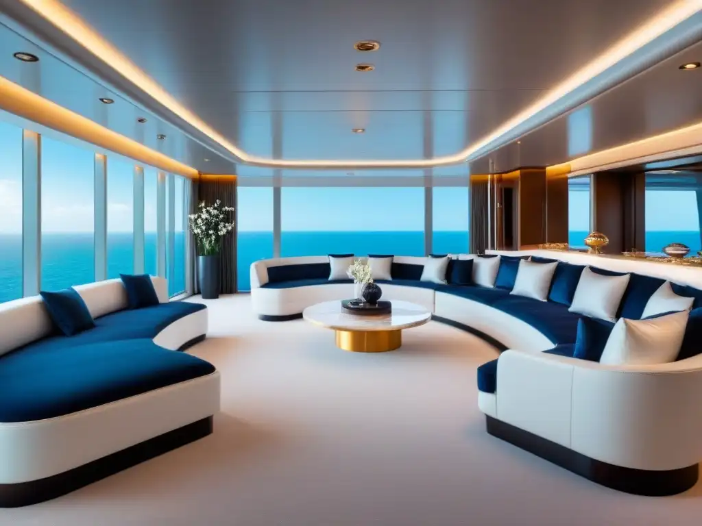 Interior lujoso de un crucero con acabados exclusivos, decoración minimalista y vistas panorámicas al mar