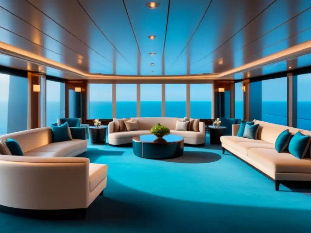 Interior lujoso de crucero con diseño moderno, suelos de mármol, muebles minimalistas y elegante iluminación ambiental