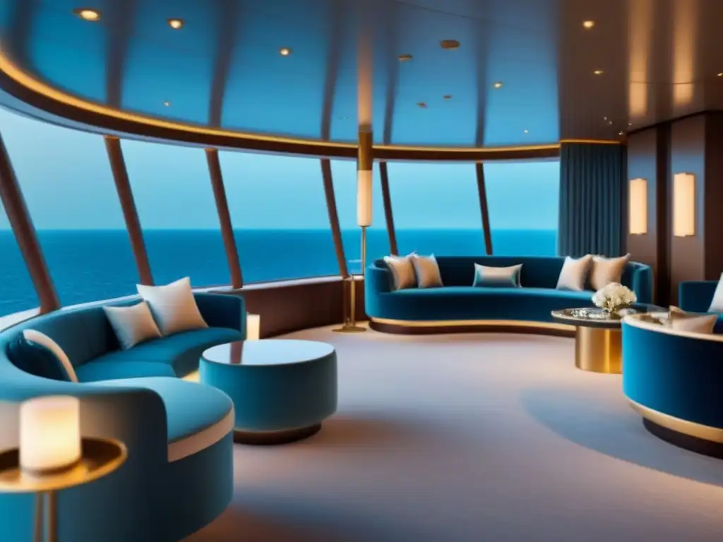 Interior lujoso de crucero: elegante sala decorada con muebles contemporáneos, iluminación suave y vistas al mar