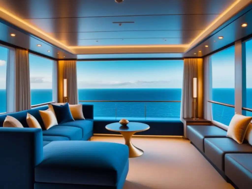 Interior lujoso de un crucero emblemático con diseño elegante, iluminación tenue y vista al mar