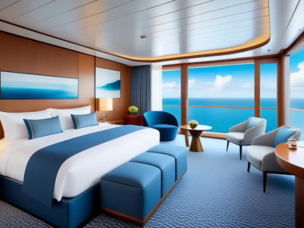 Interiores de suites de lujo en un crucero: elegancia y sofisticación en un ambiente moderno y luminoso con vista al mar